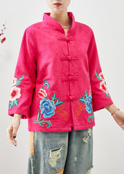 Women Rose Embroidered Jacquard Chinese Button Cotton Jackets Fall