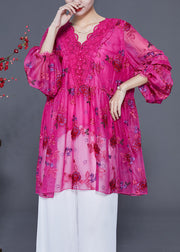 Women Rose Embroidered Patchwork Lace Tops Lantern Sleeve