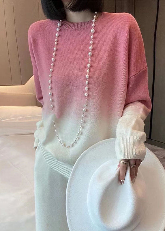 Women Rose Gradient Color O-Neck Cozy Cashmere Knit Sweaters Fall