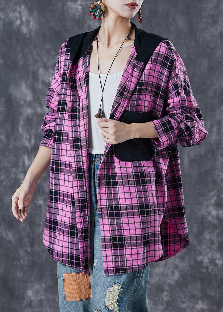 Women Rose Hooded Patchwork Plaid Cotton Coat Fall