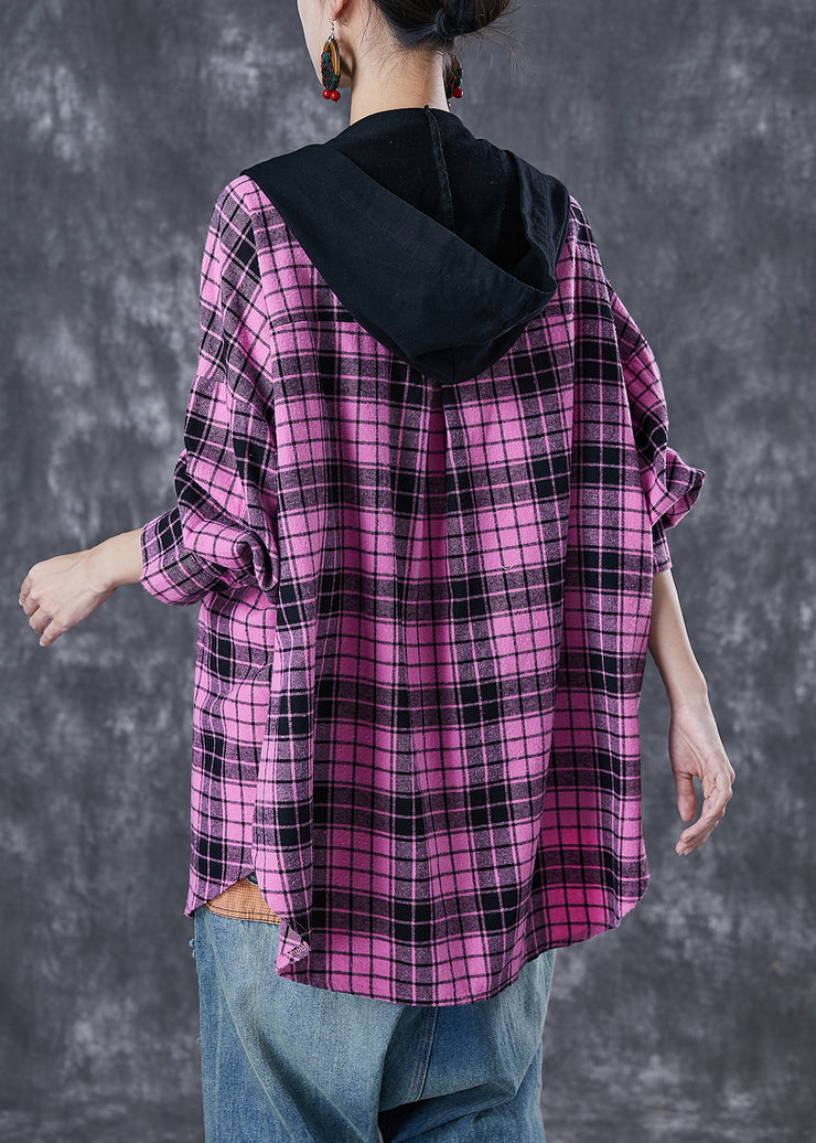 Women Rose Hooded Patchwork Plaid Cotton Coat Fall