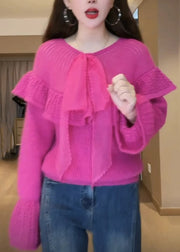 Women Rose O-Neck Bow Cozy Cotton Knit Sweaters Flare Sleeve