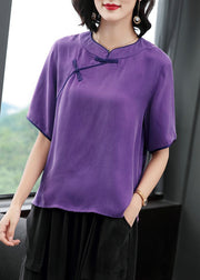 Frauen Rose O-Neck orientalische Knopf einfarbig Seide Shirt Top Kurzarm
