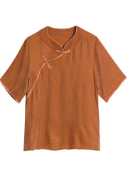 Women Rose O-Neck Oriental Button Solid Color Silk Shirt Top Short Sleeve