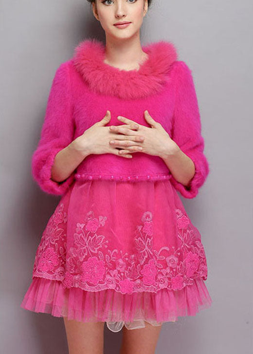Women Rose O-Neck Tulle Patchwork Winter Long sweaters Dress
