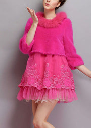 Frauen Rose O-Ausschnitt Tüll Patchwork Winter lange Pullover Kleid