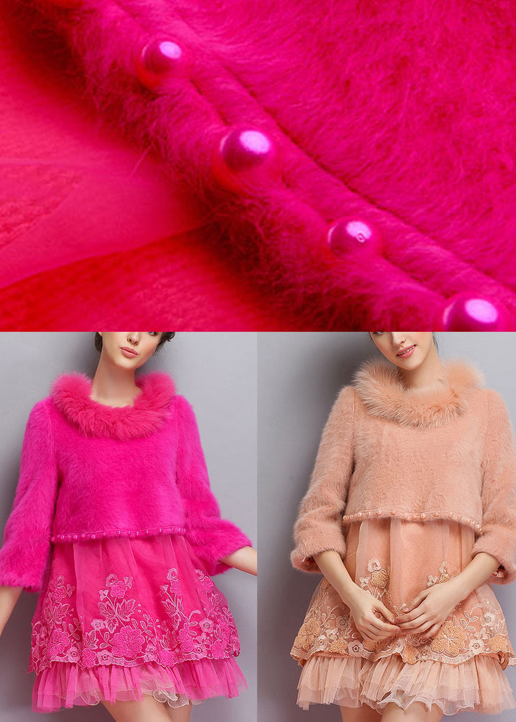 Frauen Rose O-Ausschnitt Tüll Patchwork Winter lange Pullover Kleid