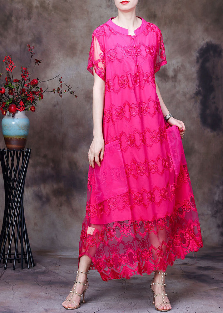 Women Rose Stand Collar Embroidered Hollow Out Tulle Vacation Long Dress Short Sleeve