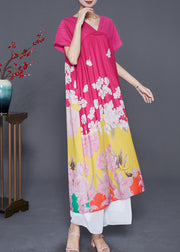 Women Rose V Neck Patchwork Print Silk Party Dress Summer