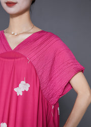 Women Rose V Neck Patchwork Print Silk Party Dress Summer