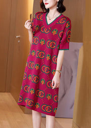 Women Rose V Neck Print Knit Dress Short Sleeve