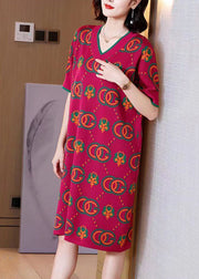 Women Rose V Neck Print Knit Dress Short Sleeve