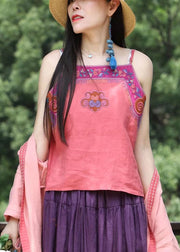 Women Rose red Embroidered Patchwork Linen Spaghetti Strap Top Summer