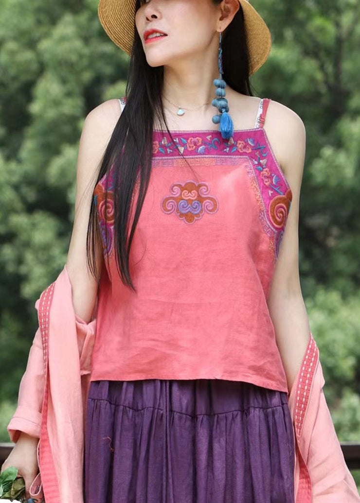 Women Rose red Embroidered Patchwork Linen Spaghetti Strap Top Summer