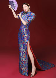 Women Royal Blue Embroidered Side Open Silk Mopping Maxi Dresses Puff Sleeve