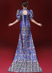 Women Royal Blue Embroidered Side Open Silk Mopping Maxi Dresses Puff Sleeve
