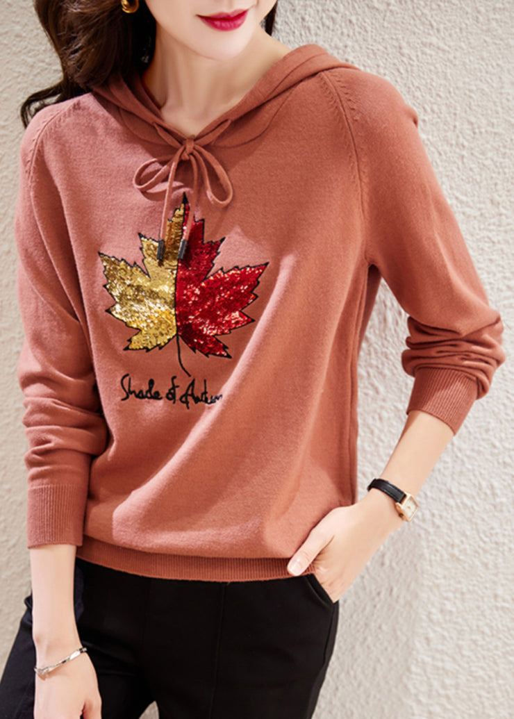 Women Rubber Red Hooded Embroidered Patchwork Cotton Top Fall
