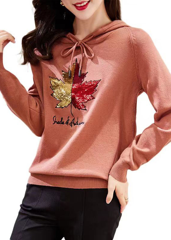 Women Rubber Red Hooded Embroidered Patchwork Cotton Top Fall