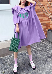 Women Ruffled Batwing Sleeve dress purple Letter Dresses - SooLinen