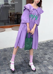 Women Ruffled Batwing Sleeve dress purple Letter Dresses - SooLinen