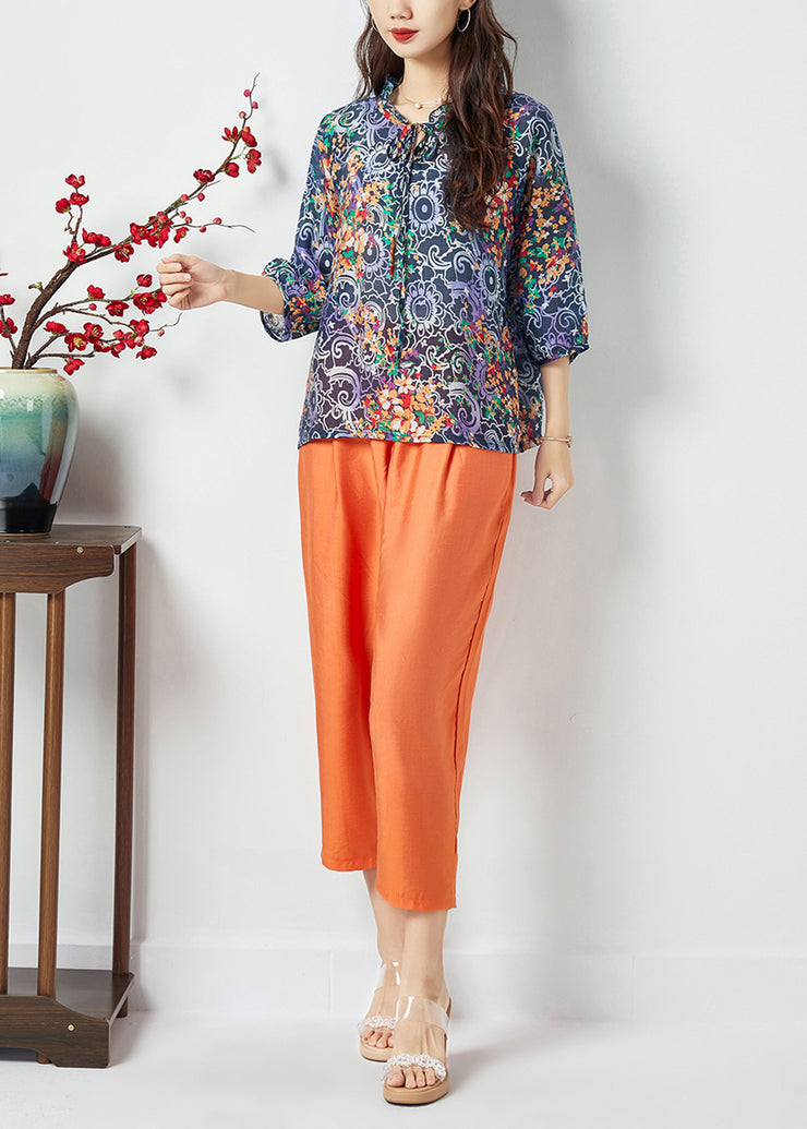 Women Ruffled Lace Up Print Cotton Tops And Pants Two Pieces Set Summer