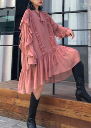 Women Ruffles long sleeve spring pink Dress - SooLinen