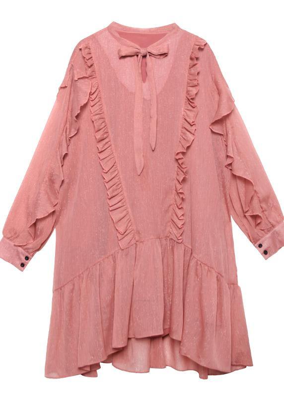 Women Ruffles long sleeve spring pink Dress - SooLinen