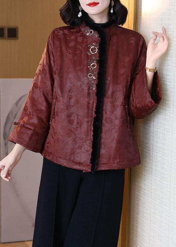 Women Rust Embroidered Mink Hair Patchwork Cotton Filled Coats Winter