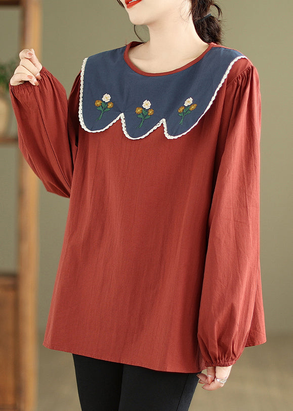 Women Rust Embroidered Patchwork Cotton Top Fall