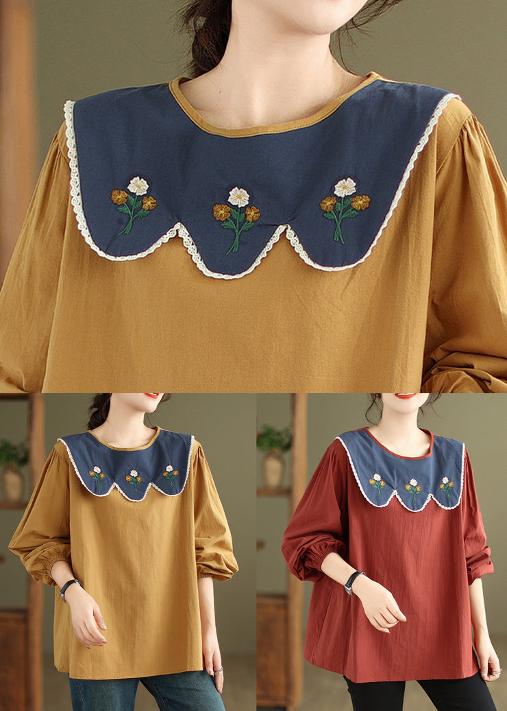 Women Rust Embroidered Patchwork Cotton Top Fall