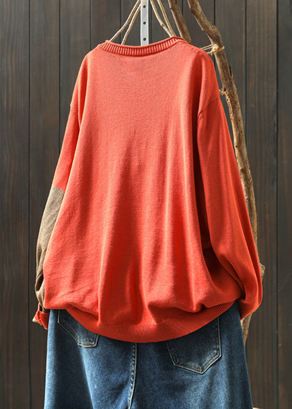 Women Rust O-Neck Print Knitted Cotton Thread Sweaters Fall