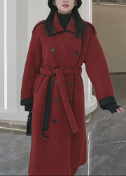 Women Rust Tie Waist Pockets Patchwork Thick Woolen Coats Winter