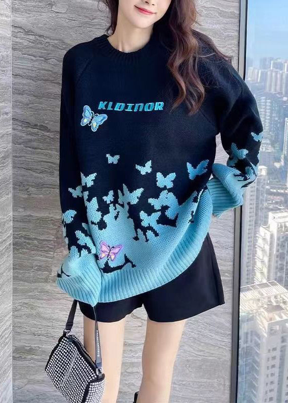 Women Sky Blue Embroidered Patchwork Cotton Knit Sweaters Long Sleeve