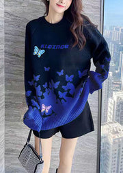 Women Sky Blue Embroidered Patchwork Cotton Knit Sweaters Long Sleeve