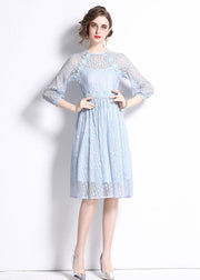 Women Sky Blue Embroidered Wrinkled Patchwork Lace Mid Dress Summer