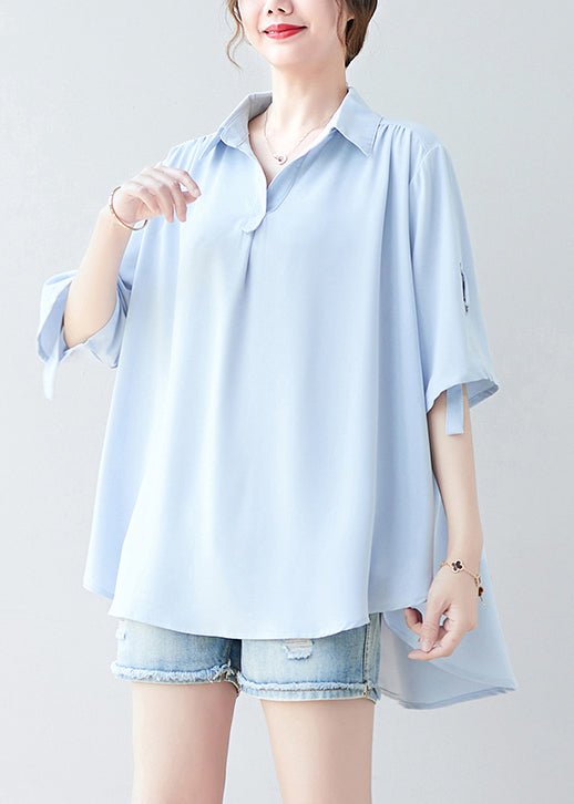 Women Sky Blue Oversized Low High Design Chiffon Shirt Summer