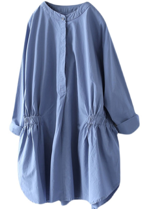 Women Sky Blue Stand Collar Cinched Shirt Tops Long Sleeve