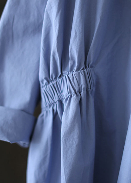 Women Sky Blue Stand Collar Cinched Shirt Tops Long Sleeve