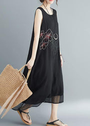 Women Sleeveless embroidery cotton blended dresses Boho Runway black long Dress Summer - SooLinen