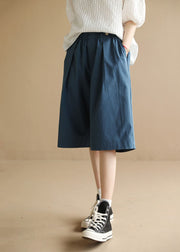 Women Solid Blue Elastic Waist Pockets Cotton Shorts Summer