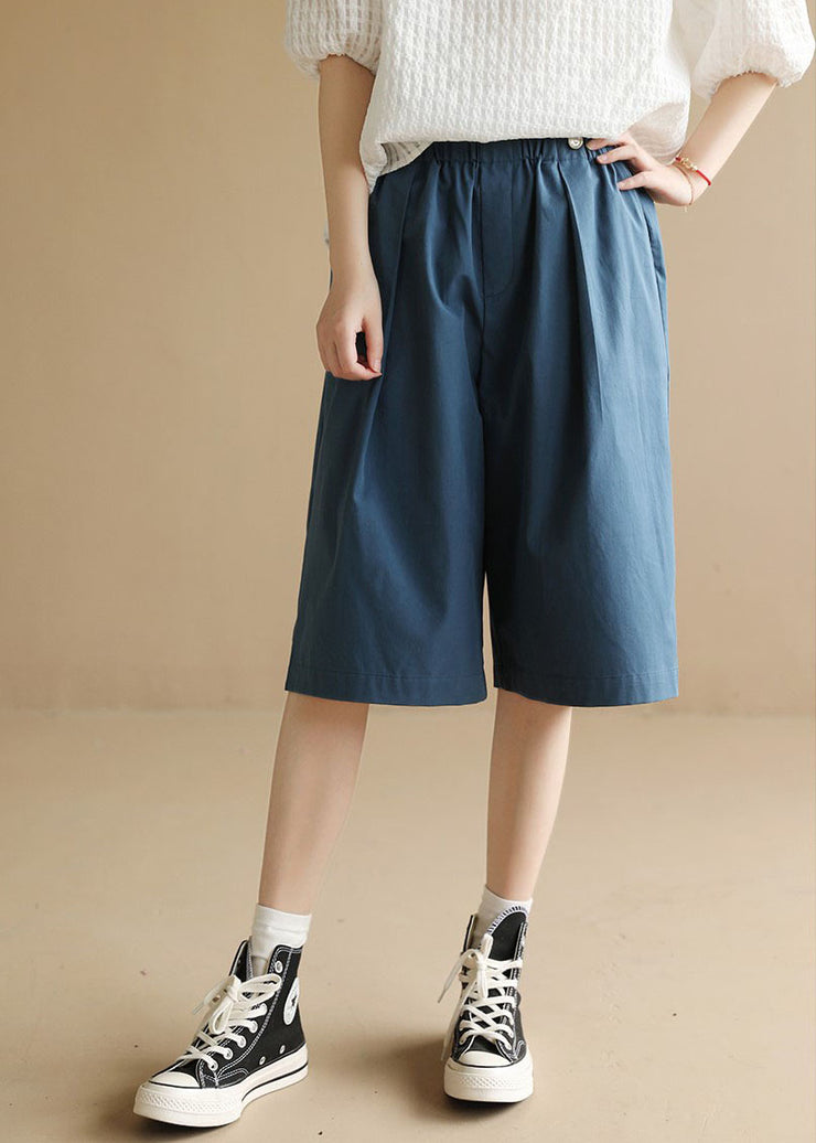 Frauen Solid Blue Elastische Taille Taschen Baumwolle Shorts Sommer