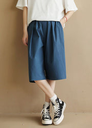 Frauen Solid Blue Elastische Taille Taschen Baumwolle Shorts Sommer