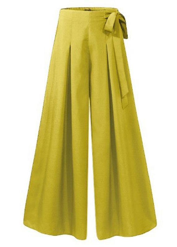 Women Solid Color Bowknot Pleated Loose Casual Wide Leg Pants - SooLinen