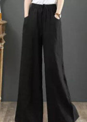 Women Solid Color Elastic Waist Drawstring Wide Leg Pants With Pocket - SooLinen