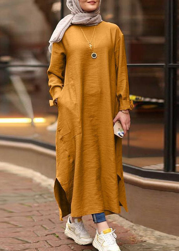 Frauen einfarbig O-Ausschnitt mit langen Ärmeln Split Robe Kaftan Casual Maxikleid mit Tasche