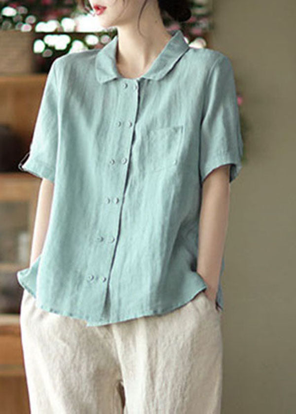 Women Solid Light Blue Double Breast Linen Shirt Tops Short Sleeve
