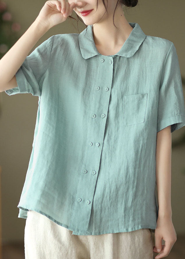 Women Solid Light Blue Double Breast Linen Shirt Tops Short Sleeve