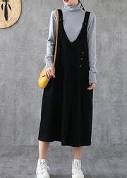 Women Spaghetti Strap pockets cotton clothes Women Fashion Ideas black long Dresses - SooLinen