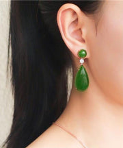 Women Spinach Green Jade Zircon Water Drop Drop Earrings