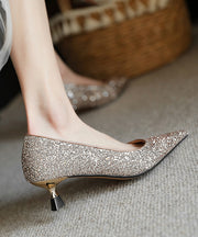Women Splicing Pointed Toe High Heels Gold Faux Leather Sequins